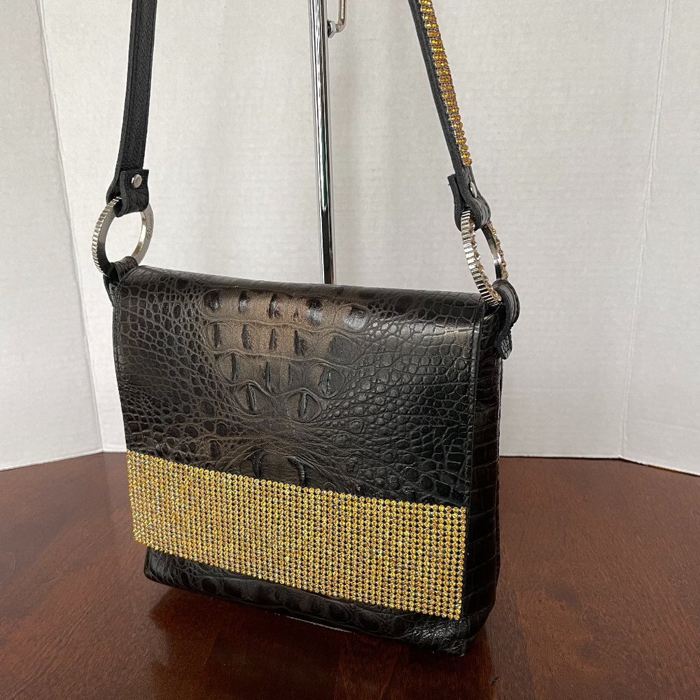 Raviani Black Flap Croco Embossed Leather Shoulder Bag w/Crystals